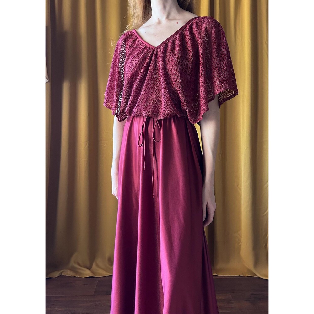 Vintage 1970s Burgundy Flutter Sleeve A-line Midi Dress, medium - Picture 4 of 7
